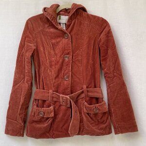 Urban Outfitters Rust Orange Corduroy Hooded Jacket Button Front Womens XS Belt